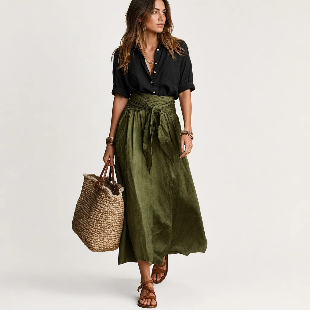 Women's Lightweight Flowy Two Piece Set | Elegant Button-Up Blouse and High-Waisted Maxi Skirt 4