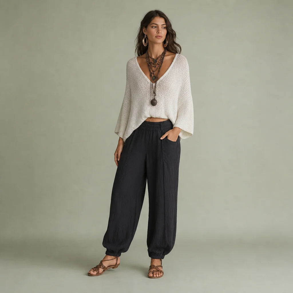 Women's Lightweight Knit Two-Piece Outfit | Stylish Cape-Sleeved Sweater Set with Relaxed Harem Pants 0