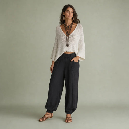 Women's Lightweight Knit Two-Piece Outfit | Stylish Cape-Sleeved Sweater Set with Relaxed Harem Pants 0