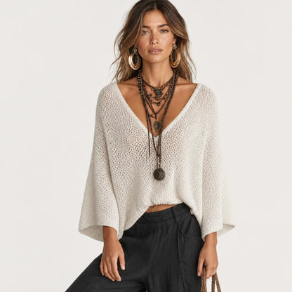 Women's Lightweight Knit Two-Piece Outfit | Stylish Cape-Sleeved Sweater Set with Relaxed Harem Pants 1