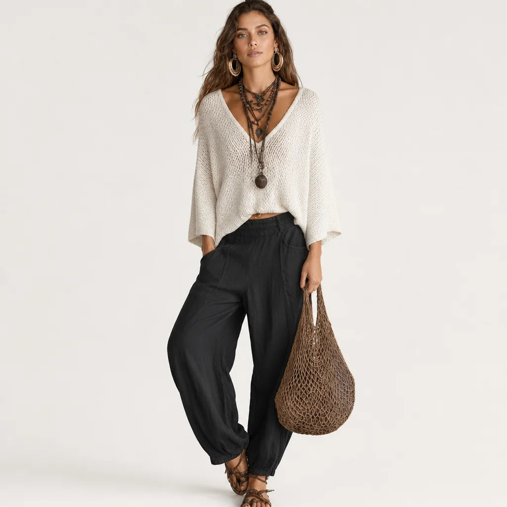 Women's Lightweight Knit Two-Piece Outfit | Stylish Cape-Sleeved Sweater Set with Relaxed Harem Pants 3