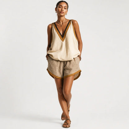 Women's Lightweight Linen-Blend Two-Piece Set | Casual V-Neck Tank Top and Shorts for Summer 1