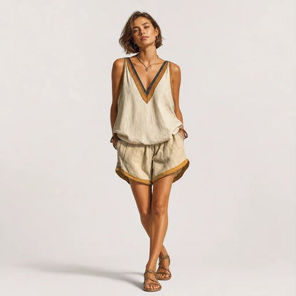 Women's Lightweight Linen-Blend Two-Piece Set | Casual V-Neck Tank Top and Shorts for Summer 2