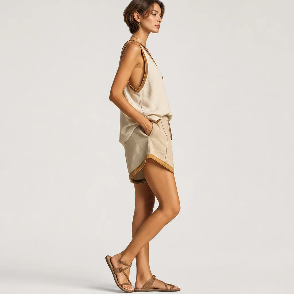 Women's Lightweight Linen-Blend Two-Piece Set | Casual V-Neck Tank Top and Shorts for Summer 4