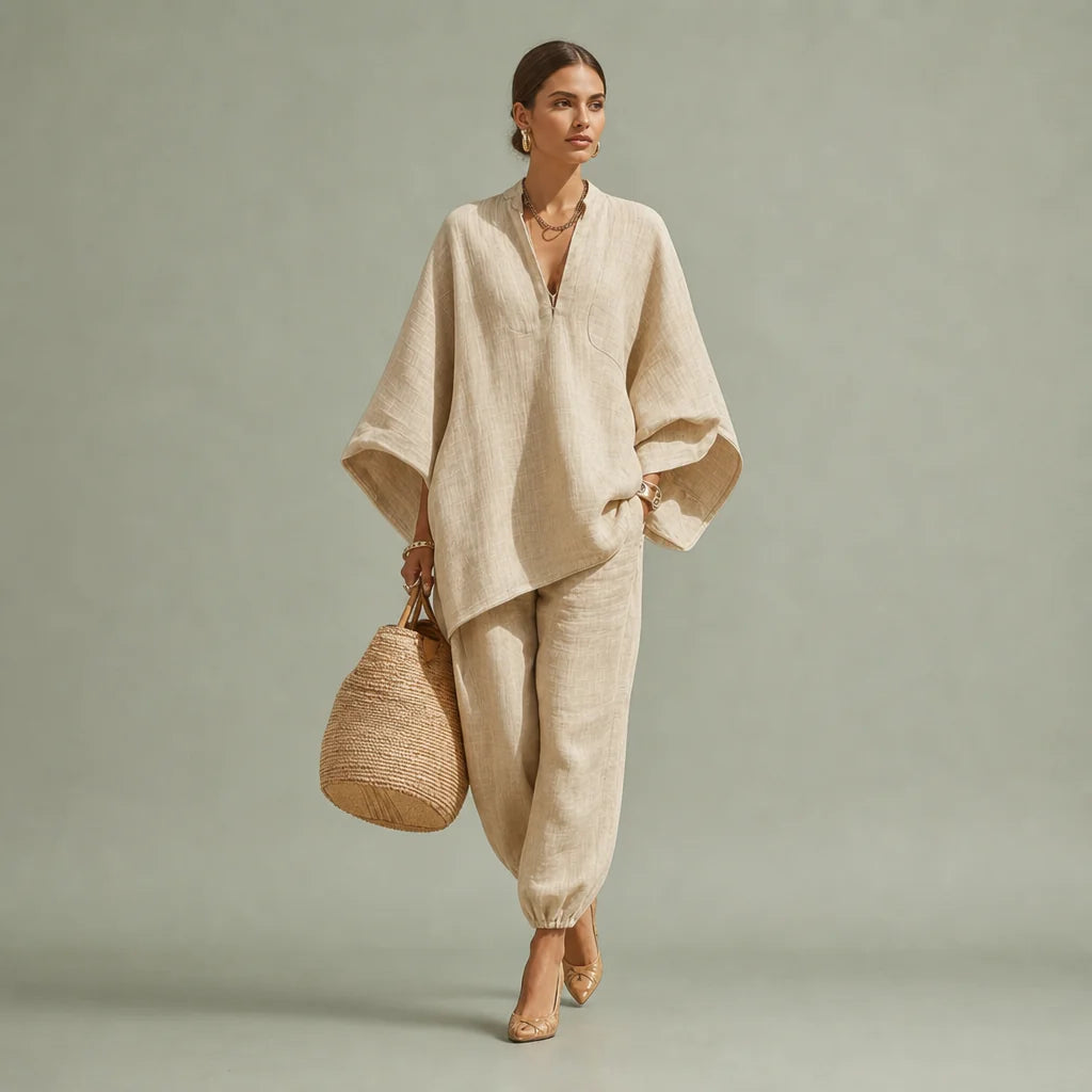 Women's Lightweight Linen Blend Two-Piece Set | Sophisticated Casual Outfit 0