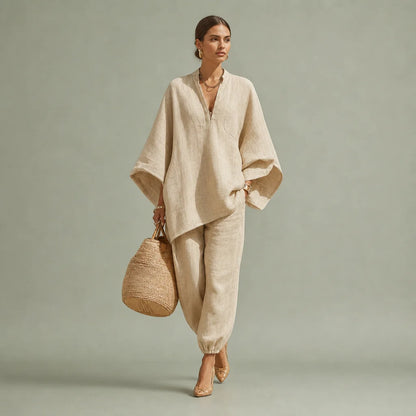 Women's Lightweight Linen Blend Two-Piece Set | Sophisticated Casual Outfit 0