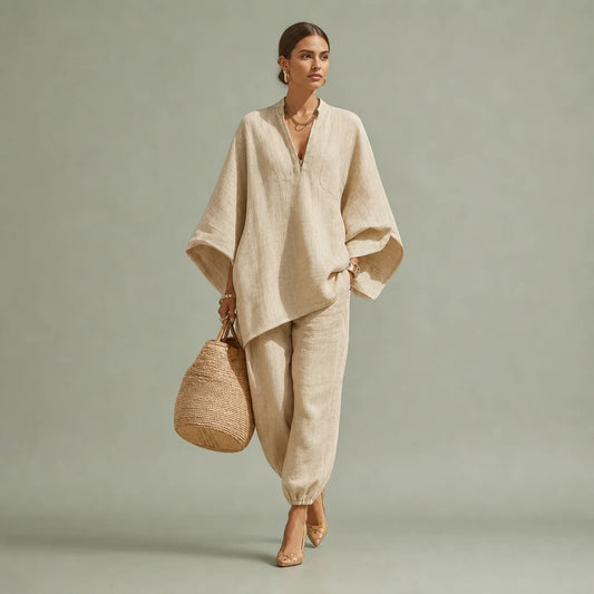 Women's Lightweight Linen Blend Two-Piece Set | Sophisticated Casual Outfit 0