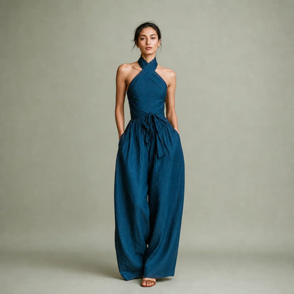 Women's Linen Blend Jumpsuit | Chic Cross Halter Wide-Leg Design for Spring Summer 0