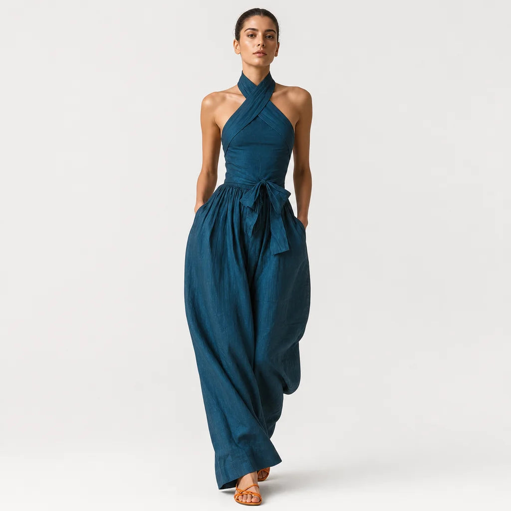 Women's Linen Blend Jumpsuit | Chic Cross Halter Wide-Leg Design for Spring Summer 1