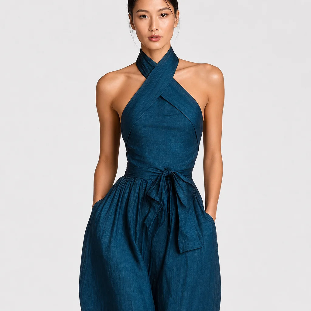 Women's Linen Blend Jumpsuit | Chic Cross Halter Wide-Leg Design for Spring Summer 2