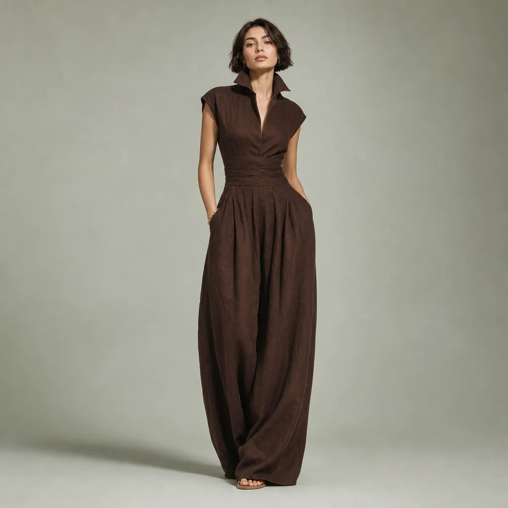 Women's Linen Blend Jumpsuit | Elegant Cap Sleeve Wide-Leg Outfit 0