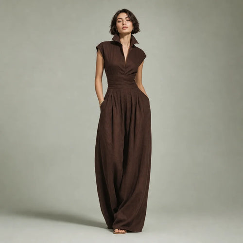 Women's Linen Blend Jumpsuit | Elegant Cap Sleeve Wide-Leg Outfit 0