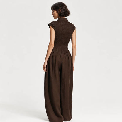 Women's Linen Blend Jumpsuit | Elegant Cap Sleeve Wide-Leg Outfit 1