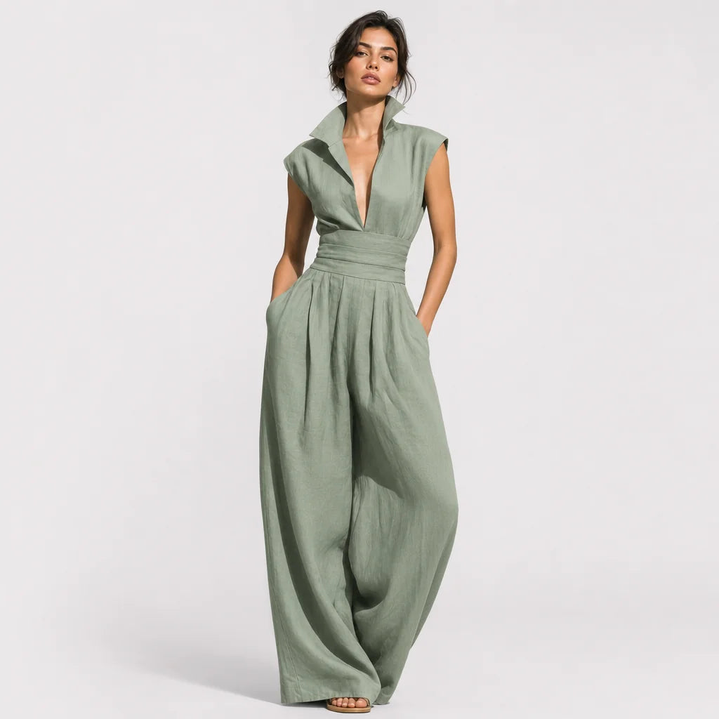 Women's Linen Blend Jumpsuit | Elegant Cap Sleeve Wide-Leg Outfit 2