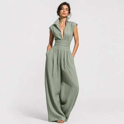 Women's Linen Blend Jumpsuit | Elegant Cap Sleeve Wide-Leg Outfit 2