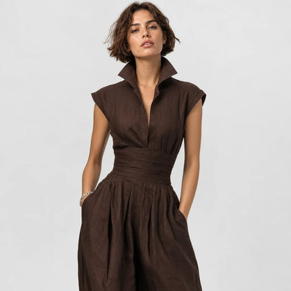 Women's Linen Blend Jumpsuit | Elegant Cap Sleeve Wide-Leg Outfit 3