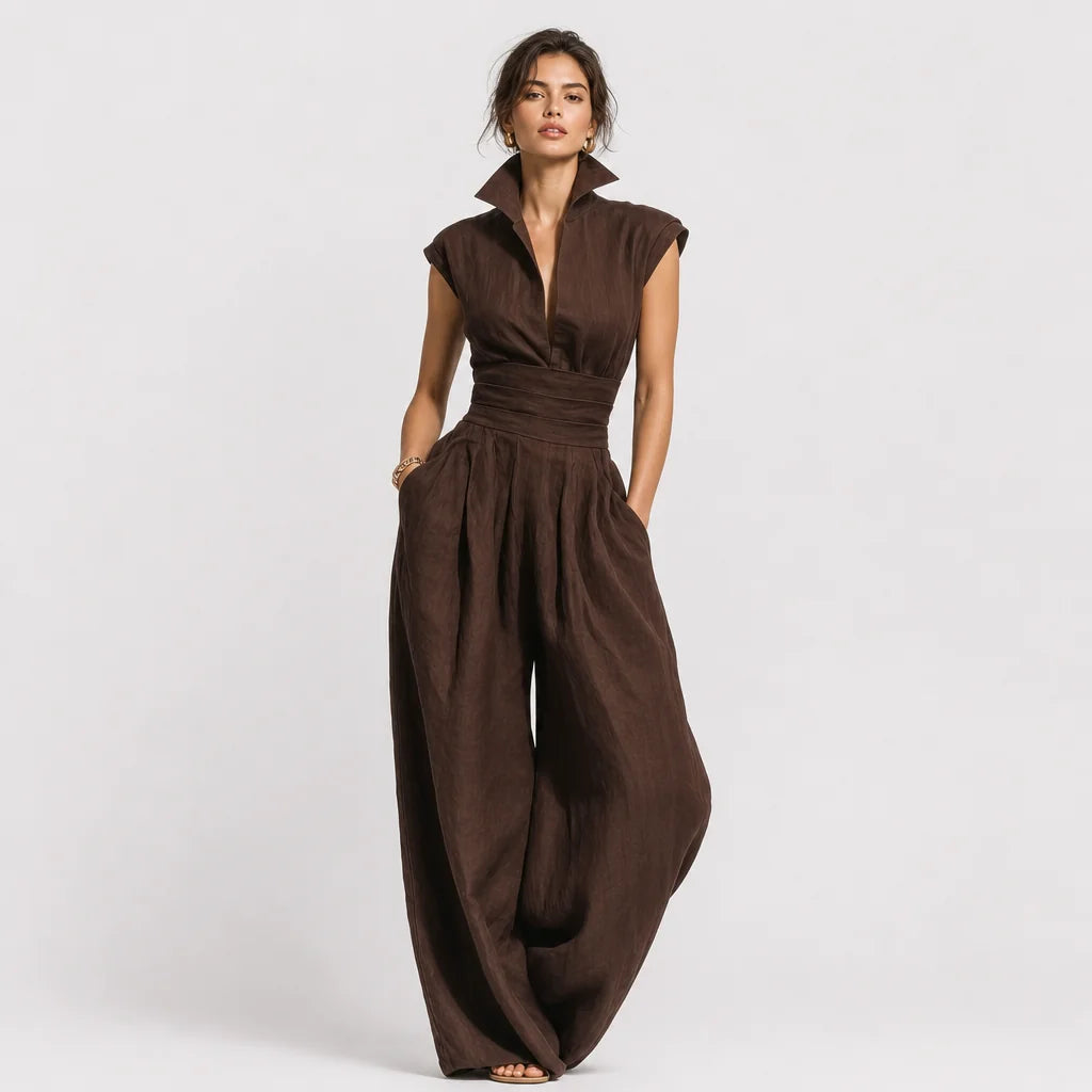 Women's Linen Blend Jumpsuit | Elegant Cap Sleeve Wide-Leg Outfit 5