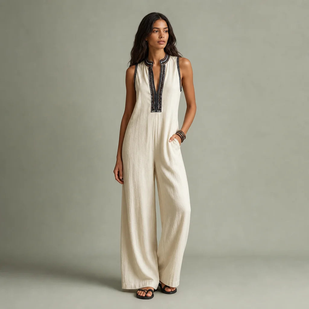 Women's Linen Blend Jumpsuit | Elegant Sleeveless Design with Embroidery 0