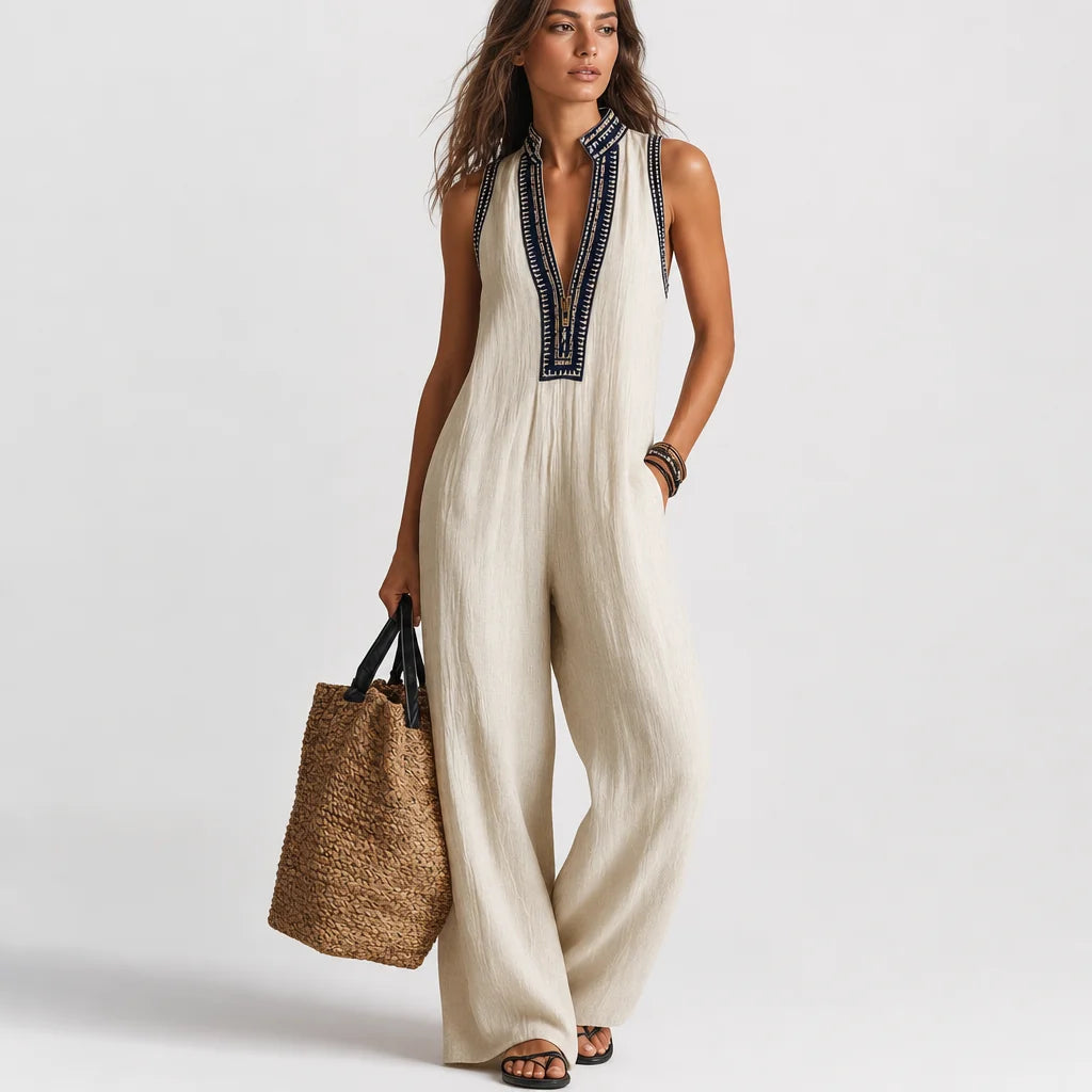 Women's Linen Blend Jumpsuit | Elegant Sleeveless Design with Embroidery 1