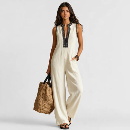 Women's Linen Blend Jumpsuit | Elegant Sleeveless Design with Embroidery 2