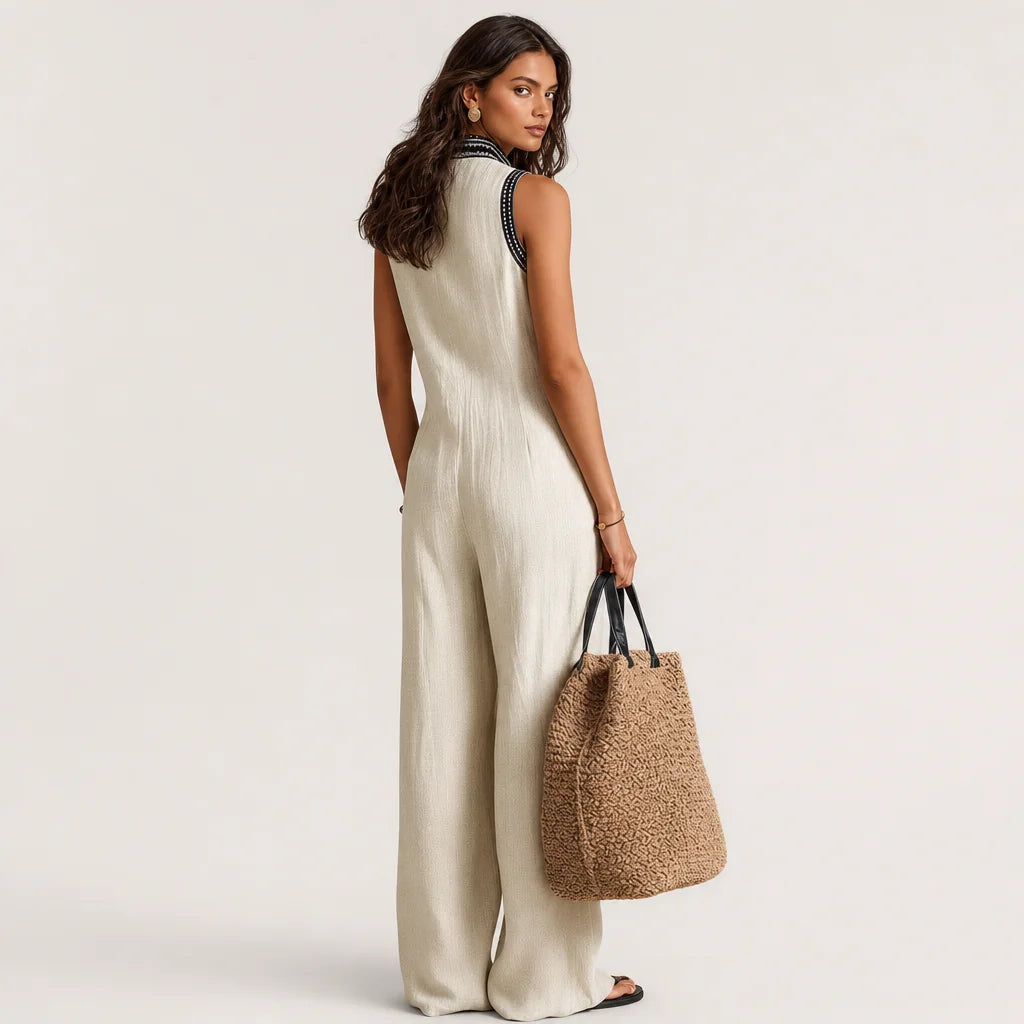 Women's Linen Blend Jumpsuit | Elegant Sleeveless Design with Embroidery 3