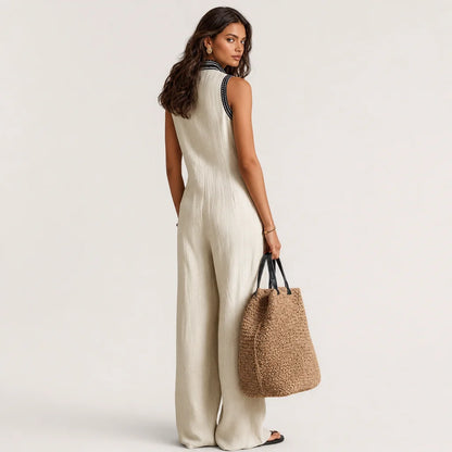 Women's Linen Blend Jumpsuit | Elegant Sleeveless Design with Embroidery 3