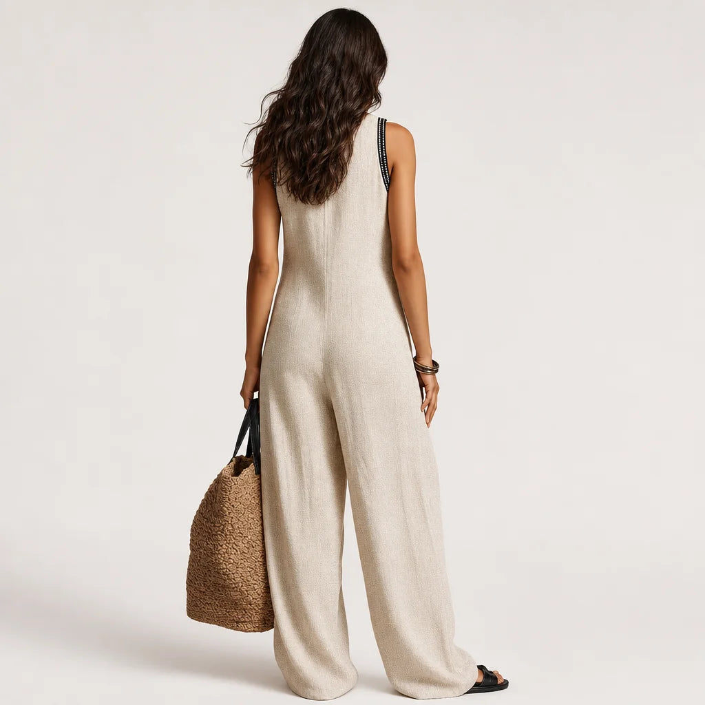 Women's Linen Blend Jumpsuit | Elegant Sleeveless Design with Embroidery 4
