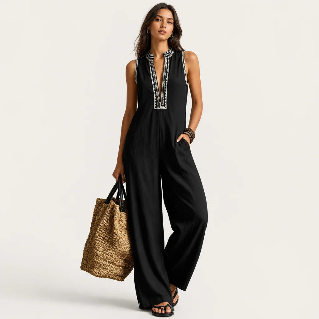 Women's Linen Blend Jumpsuit | Elegant Sleeveless Design with Embroidery 5