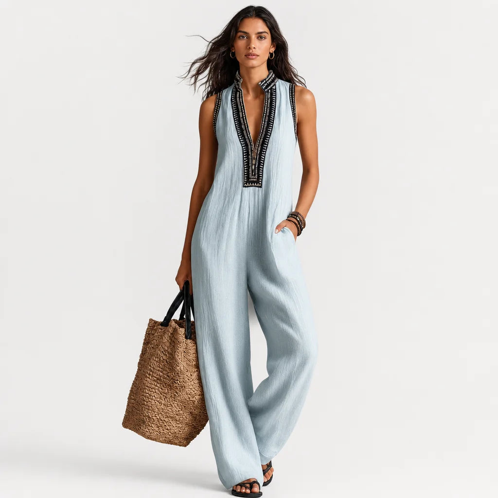 Women's Linen Blend Jumpsuit | Elegant Sleeveless Design with Embroidery 6