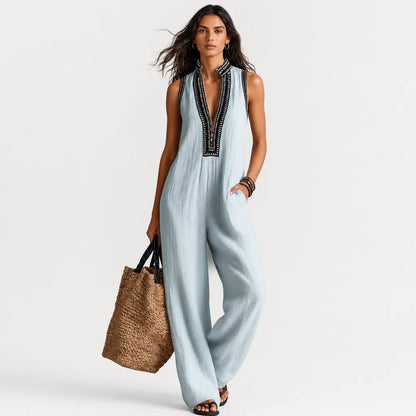 Women's Linen Blend Jumpsuit | Elegant Sleeveless Design with Embroidery 6