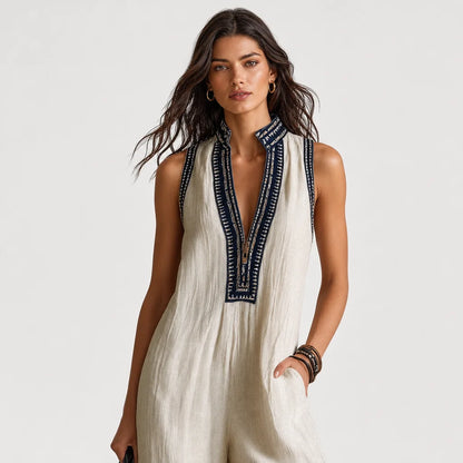 Women's Linen Blend Jumpsuit | Elegant Sleeveless Design with Embroidery 7
