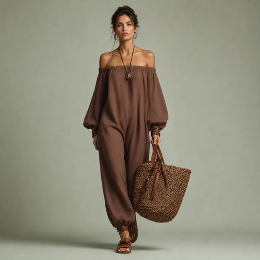 Women's Linen Blend Jumpsuit | Modern Strapless Long Sleeve Outfit 0