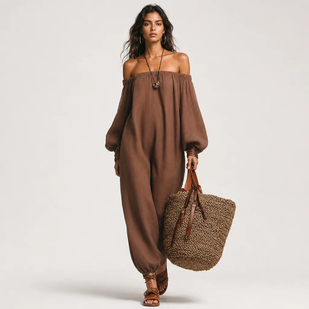 Women's Linen Blend Jumpsuit | Modern Strapless Long Sleeve Outfit 3