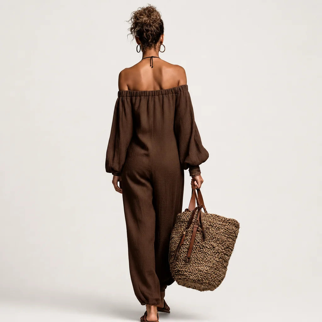 Women's Linen Blend Jumpsuit | Modern Strapless Long Sleeve Outfit 4