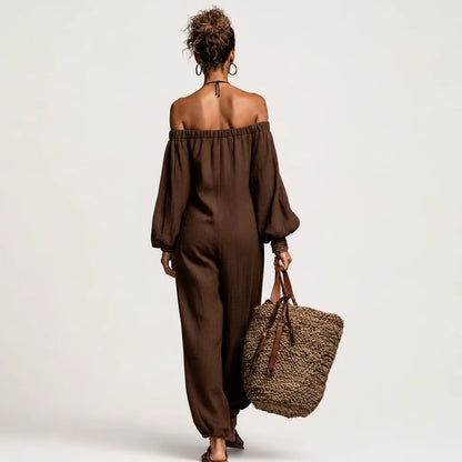 Women's Linen Blend Jumpsuit | Modern Strapless Long Sleeve Outfit 4