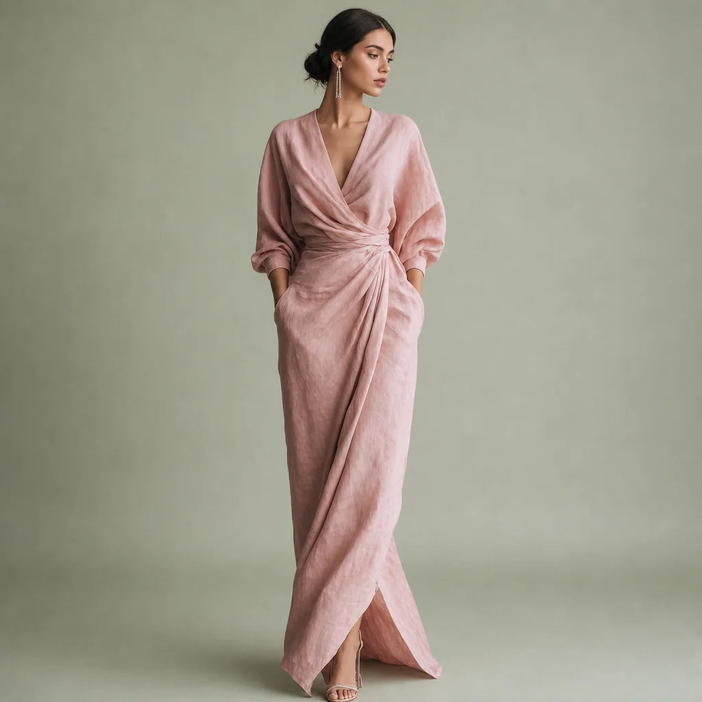 Women's Linen Blend Maxi Dress | Elegant Minimalist V-Neck Summer Dress 0
