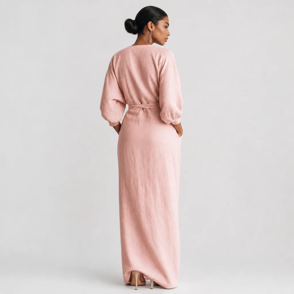 Women's Linen Blend Maxi Dress | Elegant Minimalist V-Neck Summer Dress 1