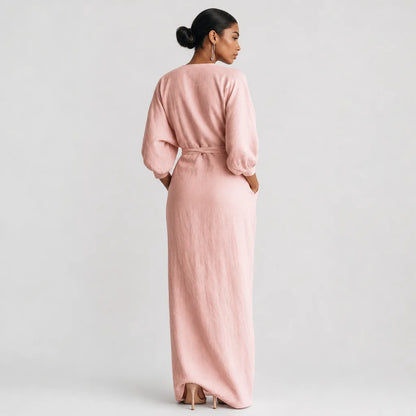 Women's Linen Blend Maxi Dress | Elegant Minimalist V-Neck Summer Dress 1