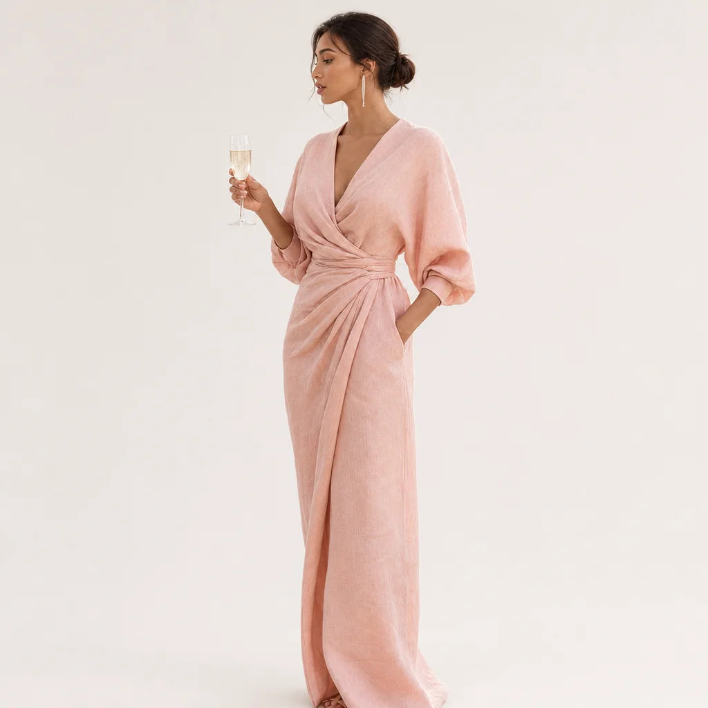Women's Linen Blend Maxi Dress | Elegant Minimalist V-Neck Summer Dress 2