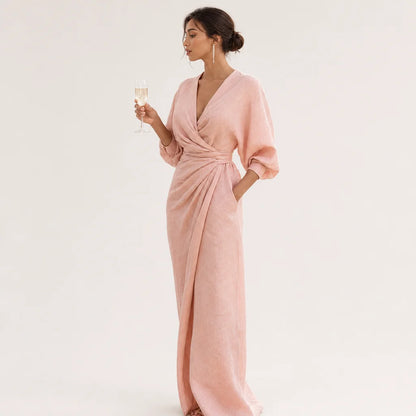 Women's Linen Blend Maxi Dress | Elegant Minimalist V-Neck Summer Dress 2