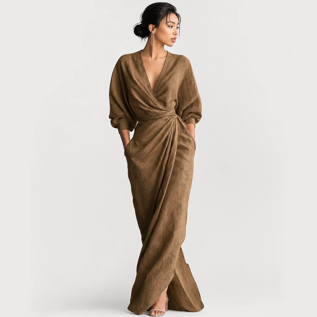 Women's Linen Blend Maxi Dress | Elegant Minimalist V-Neck Summer Dress 3