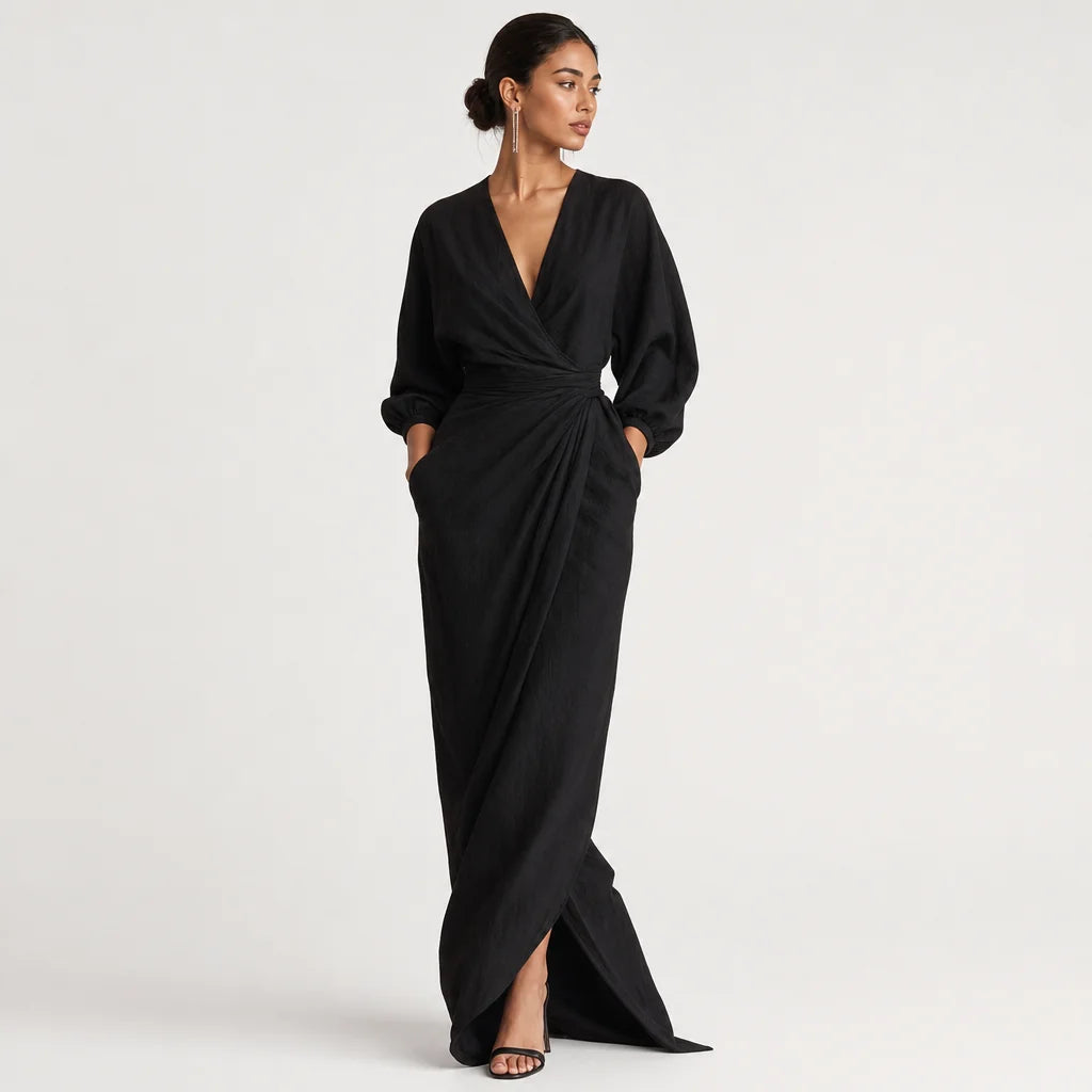 Women's Linen Blend Maxi Dress | Elegant Minimalist V-Neck Summer Dress 4