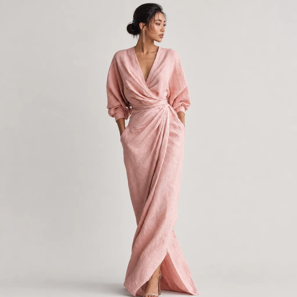 Women's Linen Blend Maxi Dress | Elegant Minimalist V-Neck Summer Dress 5