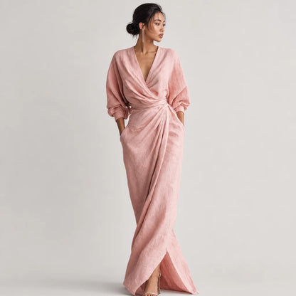 Women's Linen Blend Maxi Dress | Elegant Minimalist V-Neck Summer Dress 5