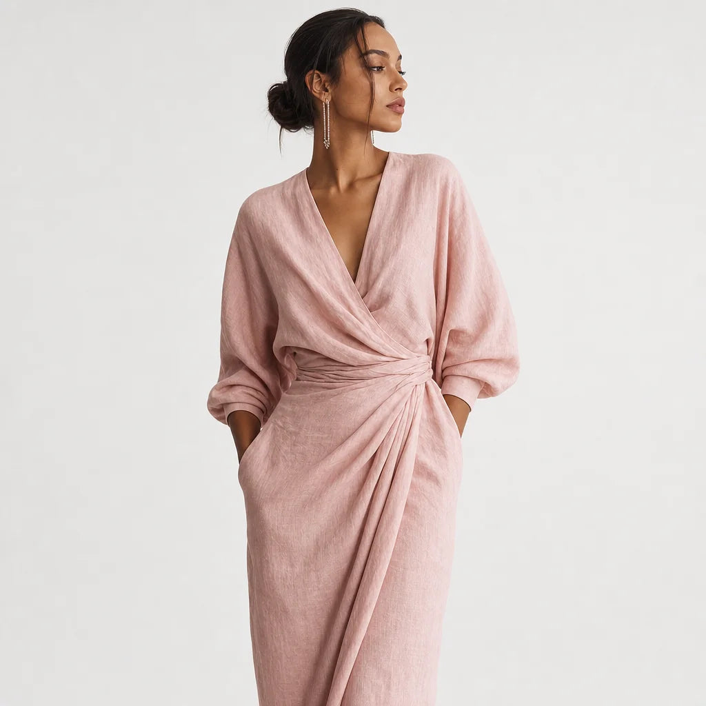 Women's Linen Blend Maxi Dress | Elegant Minimalist V-Neck Summer Dress 6