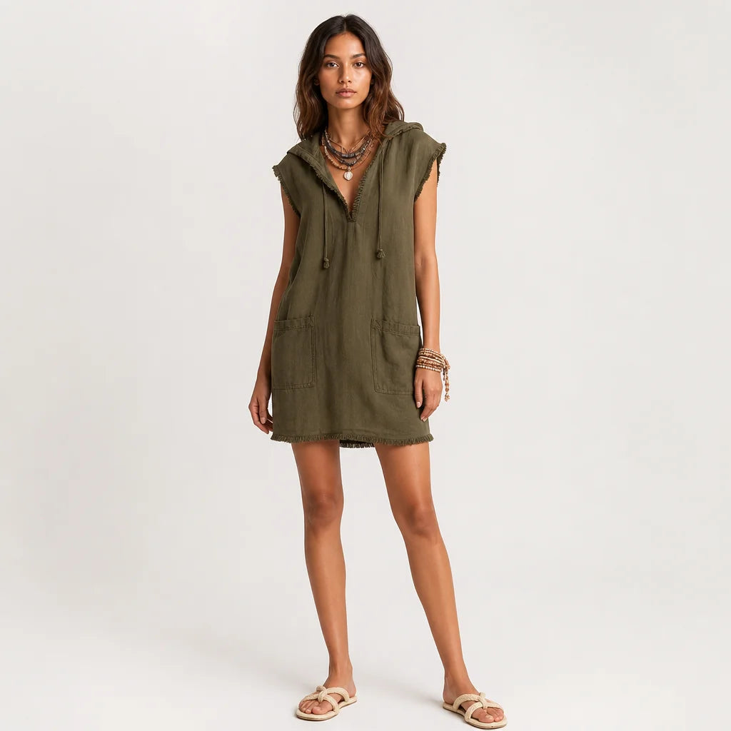 Women's Linen Blend Mini Dress | Stylish Hooded Sleeveless Summer Dress 5