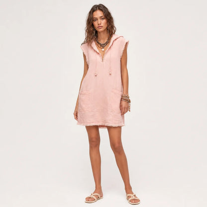 Women's Linen Blend Mini Dress | Stylish Hooded Sleeveless Summer Dress 8