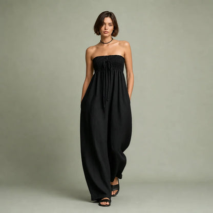 Women's Linen Blend Strapless Jumpsuit | Breezy Loose-Fit Summer Outfit 0