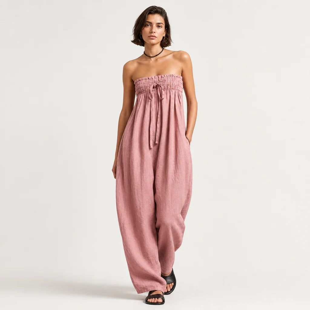 Women's Linen Blend Strapless Jumpsuit | Breezy Loose-Fit Summer Outfit 3