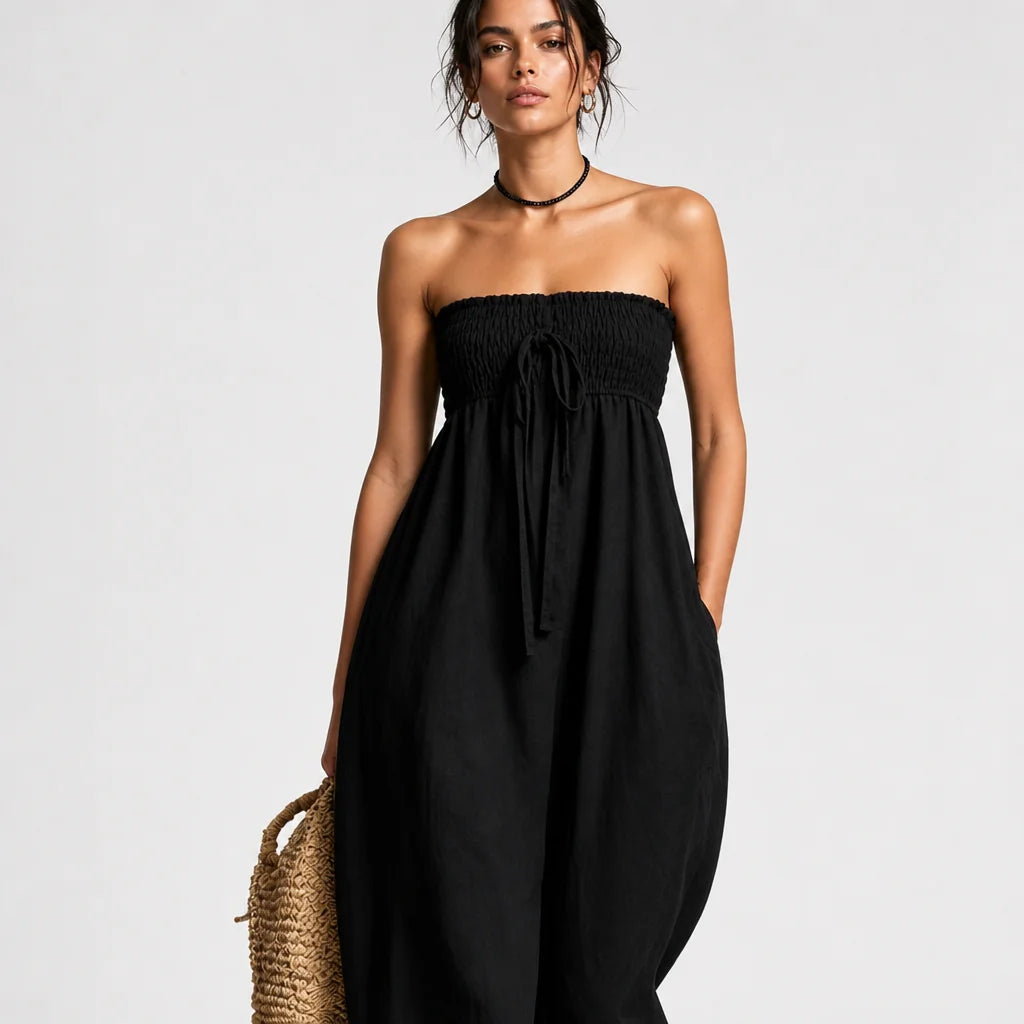 Women's Linen Blend Strapless Jumpsuit | Breezy Loose-Fit Summer Outfit 4